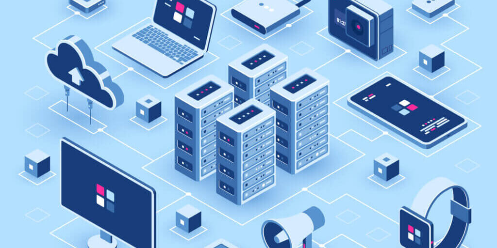 Computer technology isometric icon, server room, digital device set, element for design, pc laptop, mobile phone with smartwatch, cloud storage, flat vector illustration