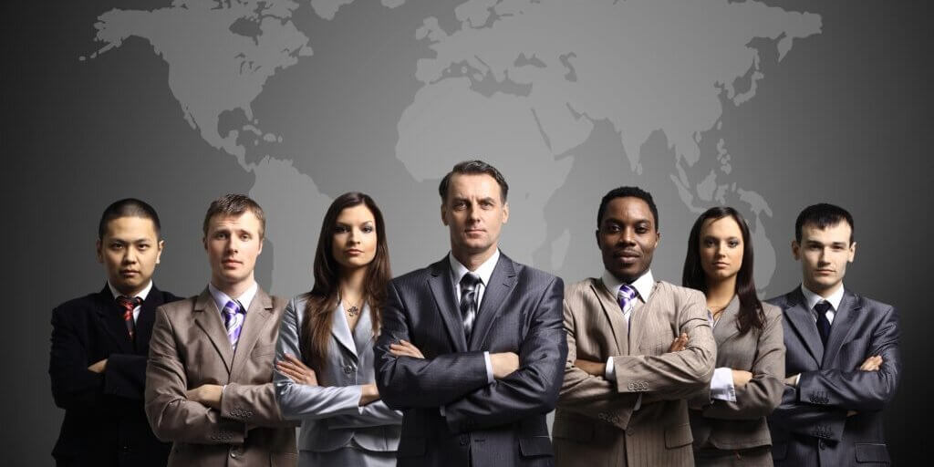 11146894 - businessmen standing in front of an earth map