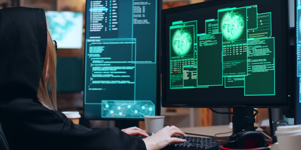 Organized female hacker and her team stealing information from government server using super computers.