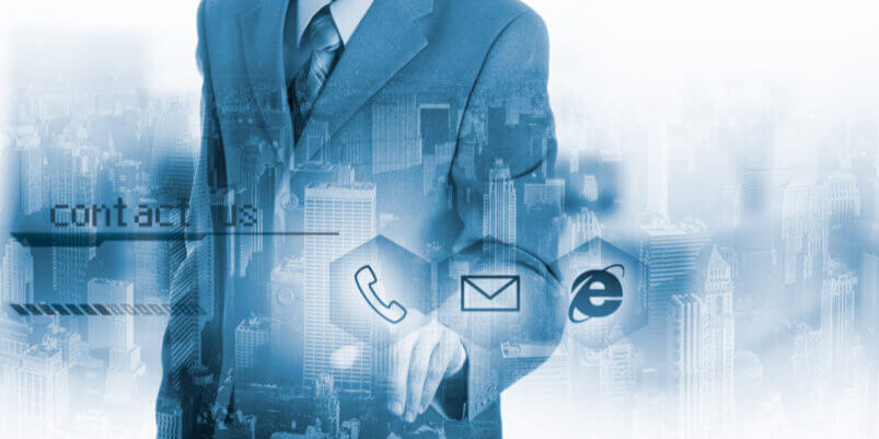 Businessman pressing virtual phone buttons. customer support concept.