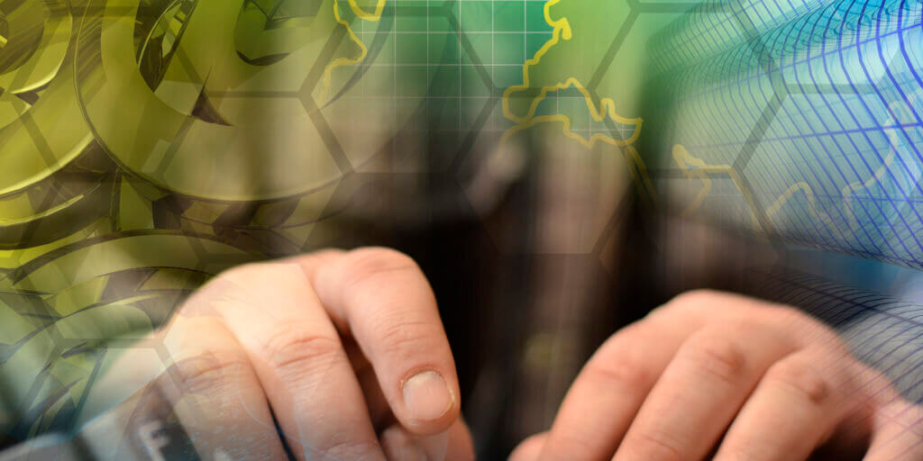 Digits, mail signs and buildings - abstract computer background.