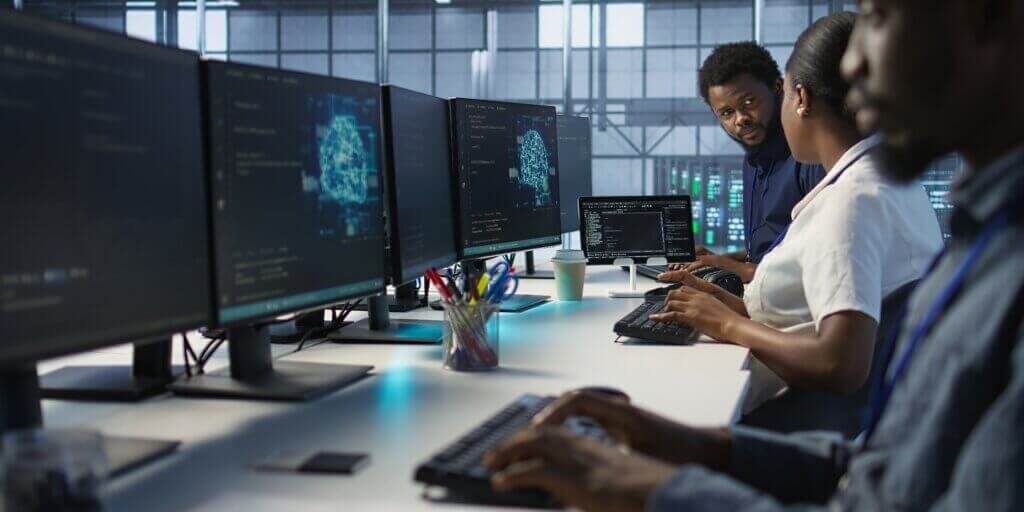 IT specialists in data center doing brainstorming, maintaining company network infrastructure. Team of server hub computer scientists chatting, ensuring optimal system performance, camera A